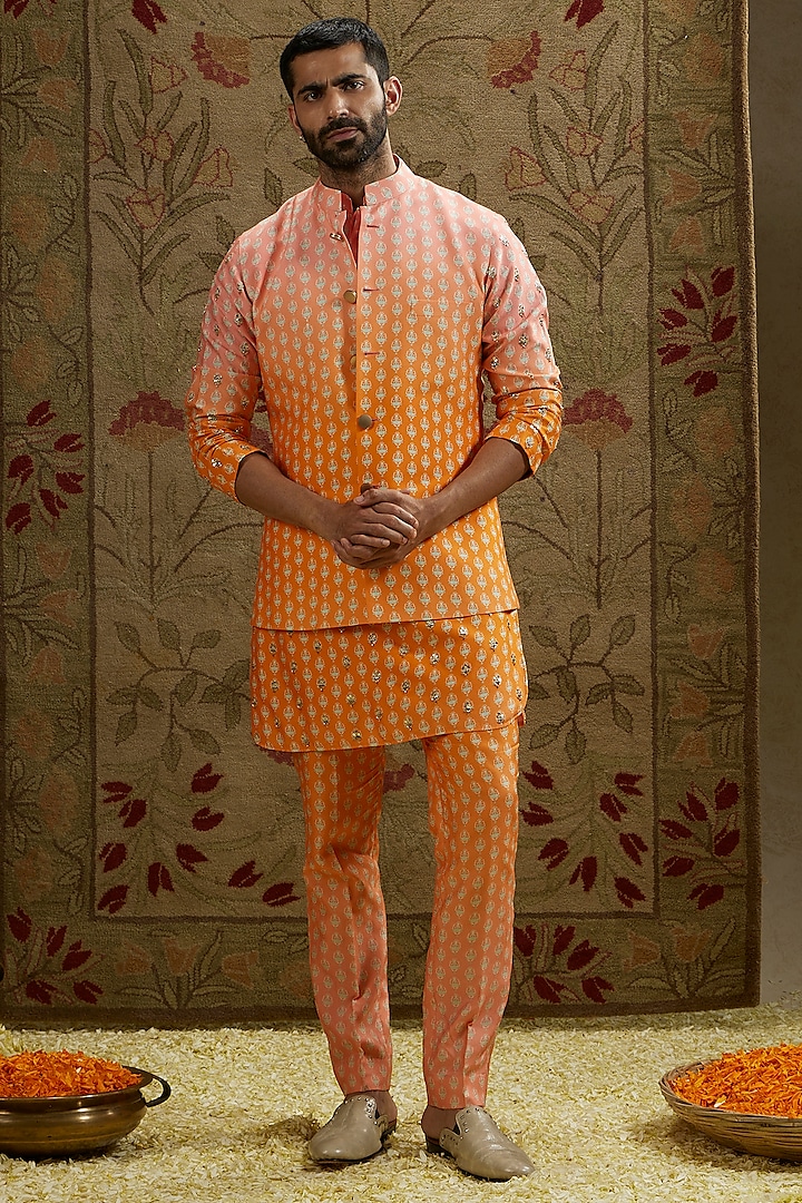 Orange & Pink Crepe Butti Printed Ombre Bundi Jacket by SVA BY SONAM & PARAS MODI Men