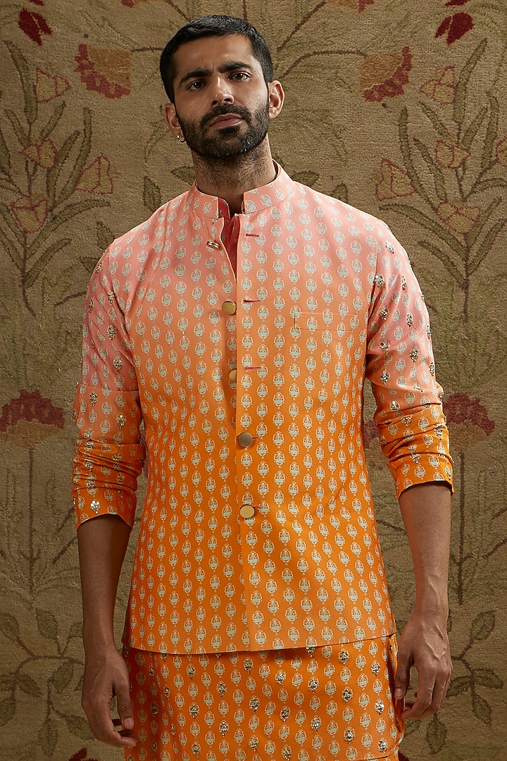 Orange & Pink Crepe Butti Printed Ombre Bundi Jacket by SVA BY SONAM & PARAS MODI Men at Pernia's Pop Up Shop