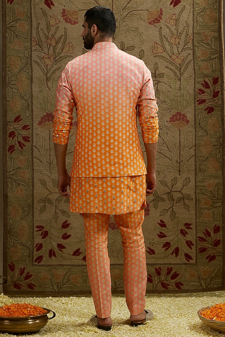 Orange & Pink Crepe Butti Printed Ombre Bundi Jacket by SVA BY SONAM & PARAS MODI Men at Pernia's Pop Up Shop