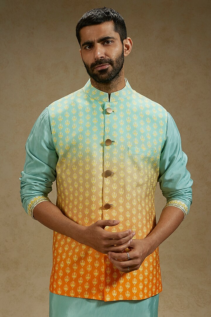 Orange & Blue Crepe Butti Printed Ombre Bundi Jacket by SVA BY SONAM & PARAS MODI Men at Pernia's Pop Up Shop