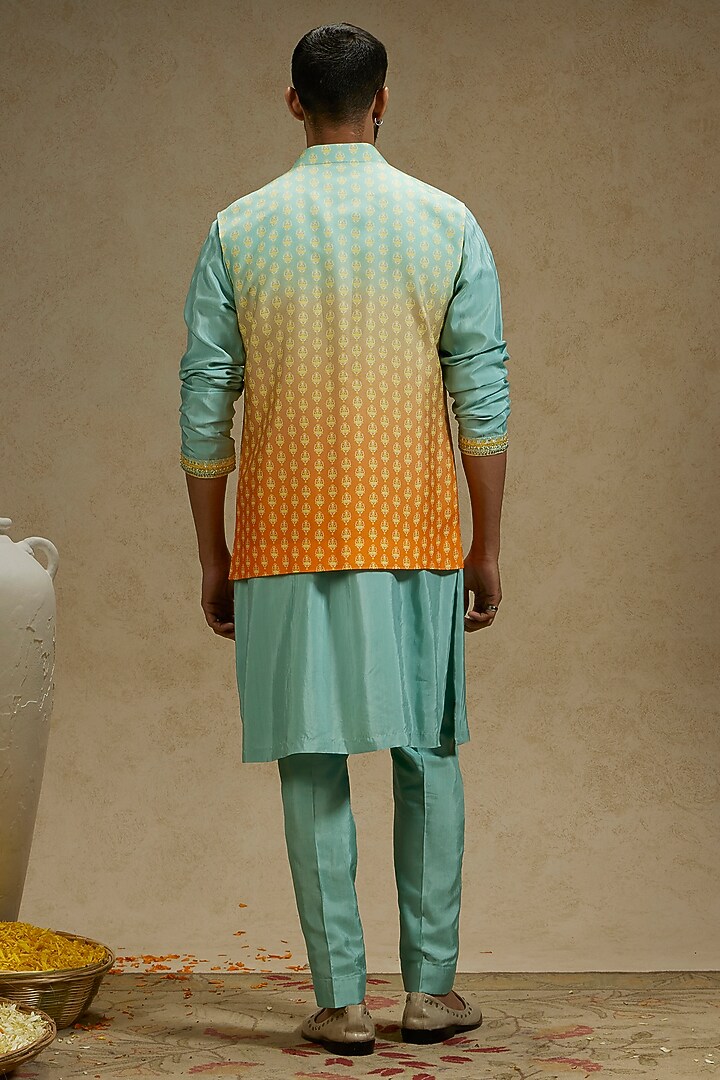 Orange & Blue Crepe Butti Printed Ombre Bundi Jacket by SVA BY SONAM & PARAS MODI Men at Pernia's Pop Up Shop