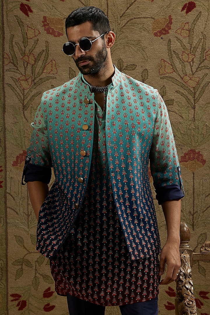 Blue & Red Crepe Butti Printed Ombre Bundi Jacket by SVA BY SONAM & PARAS MODI Men