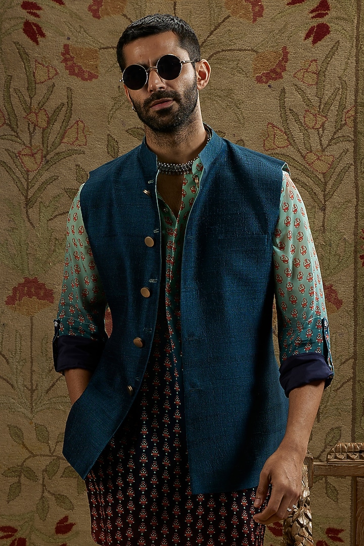 Blue & Red Crepe Butti Printed Ombre Bundi Jacket by SVA BY SONAM & PARAS MODI Men at Pernia's Pop Up Shop