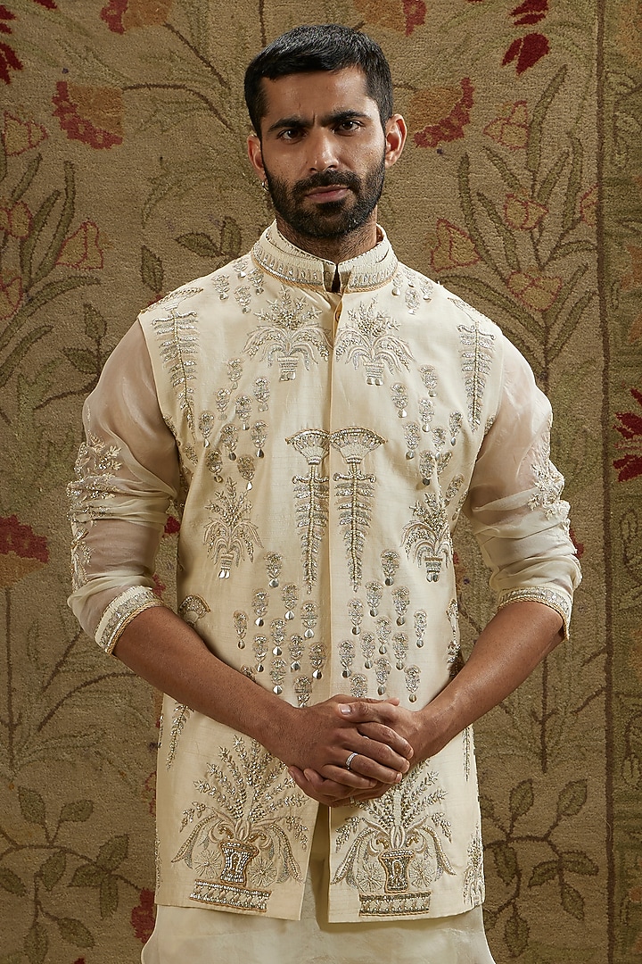 Ivory Silk & Organza Embellished Bundi Jacket by SVA BY SONAM & PARAS MODI Men at Pernia's Pop Up Shop