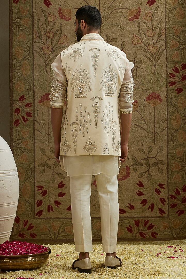 Ivory Silk & Organza Embellished Bundi Jacket by SVA BY SONAM & PARAS MODI Men at Pernia's Pop Up Shop