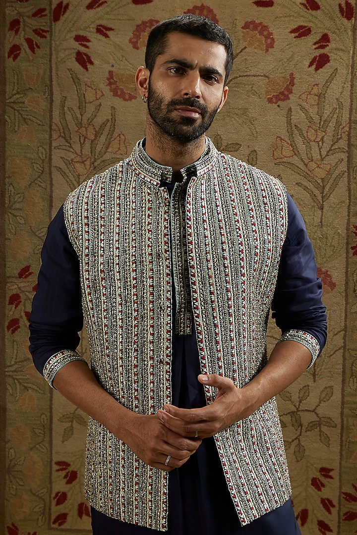 Blue Silk Embellished Bundi Jacket by SVA BY SONAM & PARAS MODI Men at Pernia's Pop Up Shop