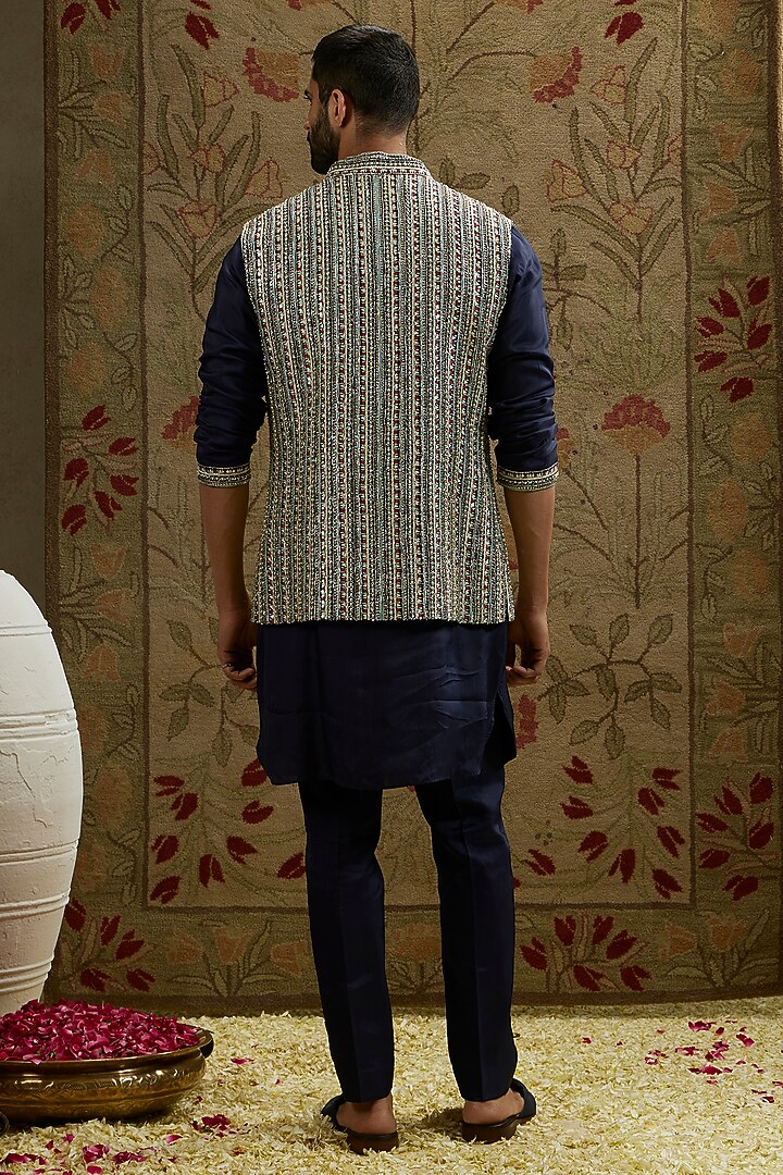 Blue Silk Embellished Bundi Jacket by SVA BY SONAM & PARAS MODI Men at Pernia's Pop Up Shop