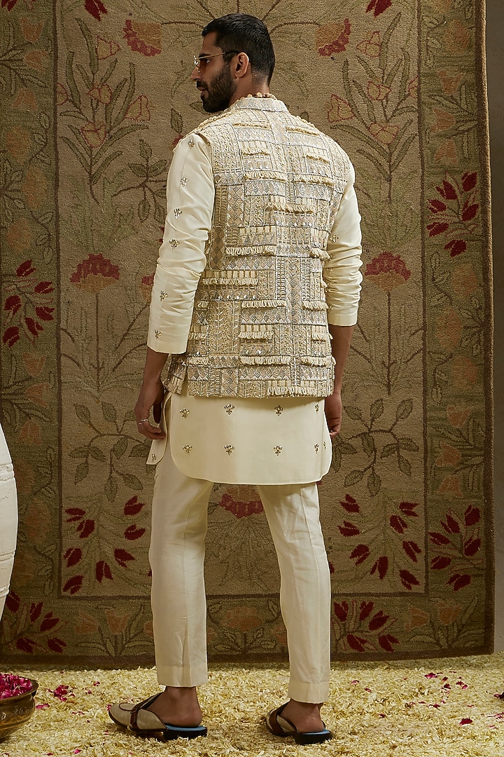 Magnolia Cream Silk Embellished Bundi Jacket by SVA BY SONAM & PARAS MODI Men at Pernia's Pop Up Shop