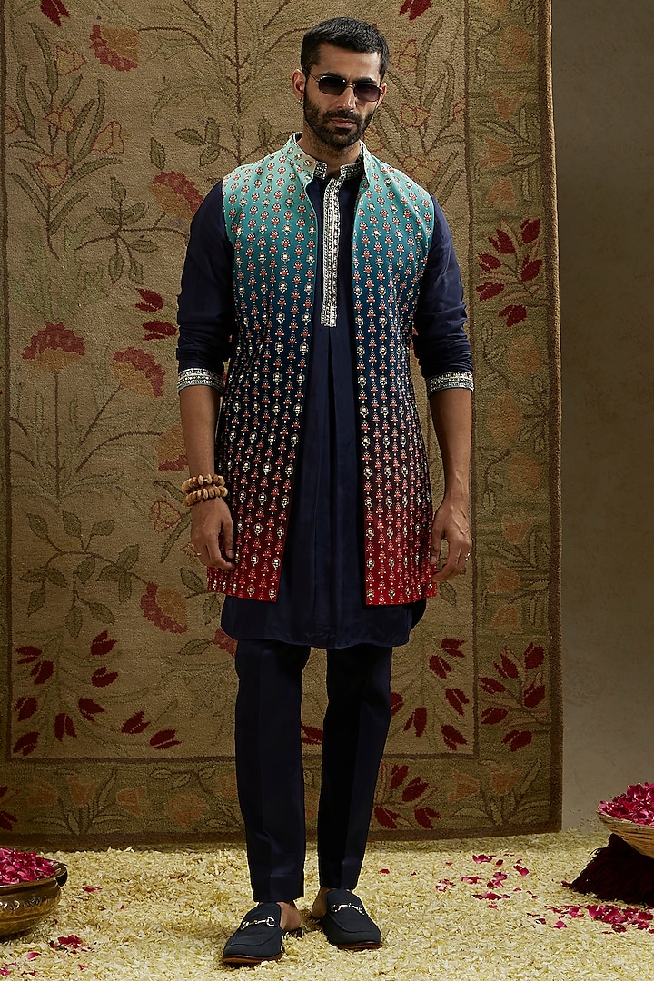 Blue & Red Crepe Embroidered Ombre Indowestern Jacket by SVA BY SONAM & PARAS MODI Men at Pernia's Pop Up Shop