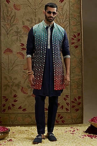 Blue & Red Crepe Embroidered Ombre Indowestern Jacket by SVA BY SONAM & PARAS MODI Men