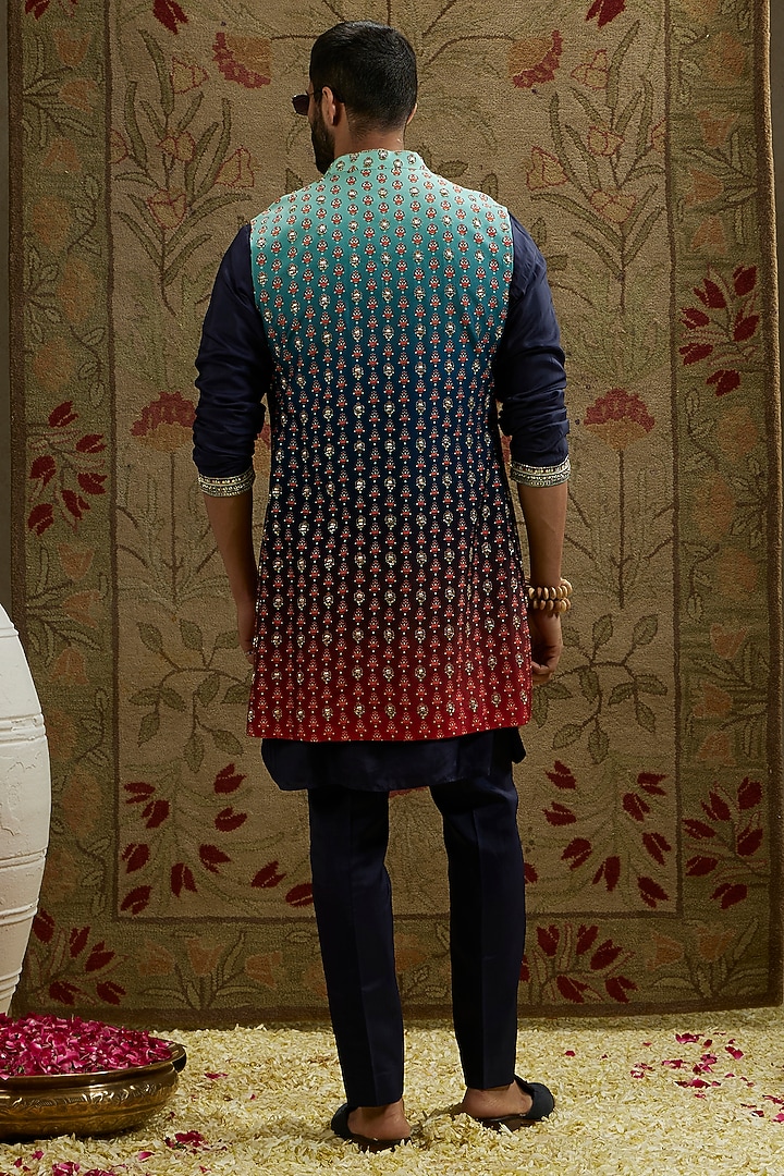 Blue & Red Crepe Embroidered Ombre Wedding Indowestern Jacket by SVA BY SONAM & PARAS MODI Men at Pernia's Pop Up Shop