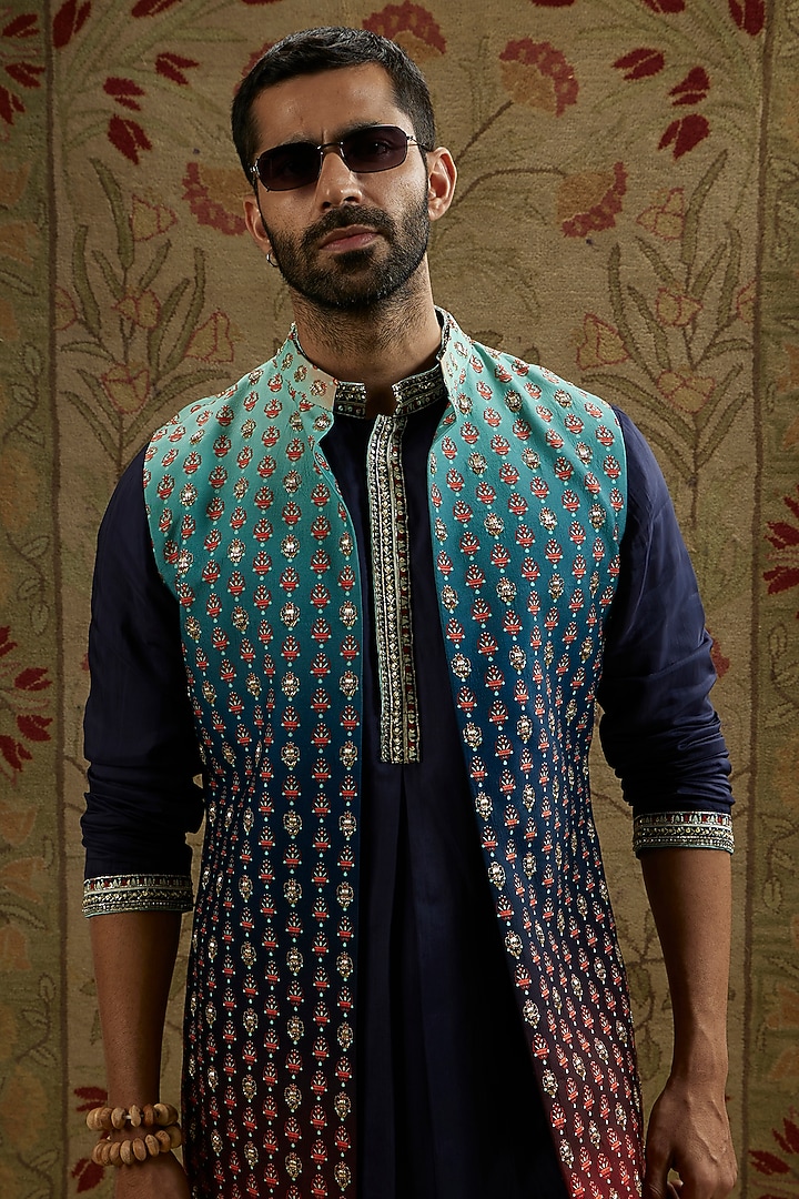 Blue & Red Crepe Embroidered Ombre Wedding Indowestern Jacket by SVA BY SONAM & PARAS MODI Men at Pernia's Pop Up Shop