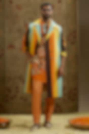 Multi-Colored Crepe Striped Printed Trench Coat by SVA BY SONAM & PARAS MODI Men