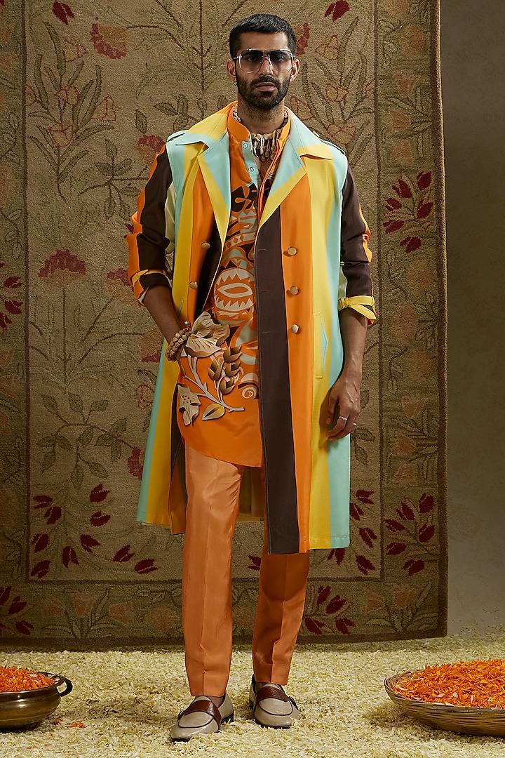 Multi-Colored Crepe Striped Printed Trench Coat by SVA BY SONAM & PARAS MODI Men