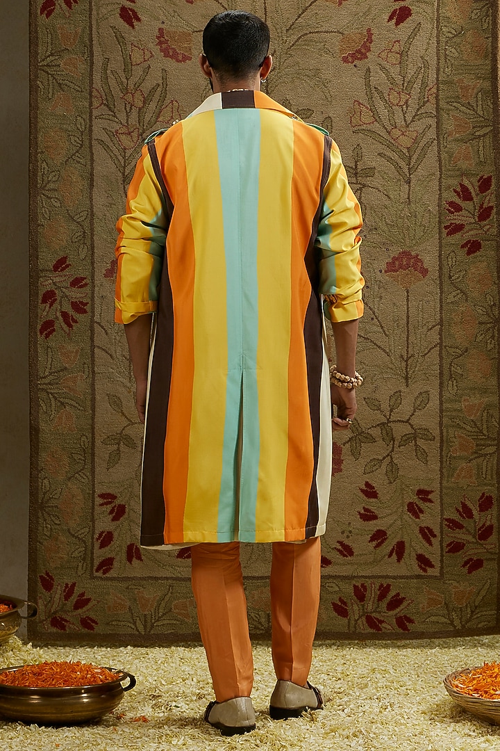 Multi-Colored Crepe Striped Printed Trench Coat by SVA BY SONAM & PARAS MODI Men at Pernia's Pop Up Shop