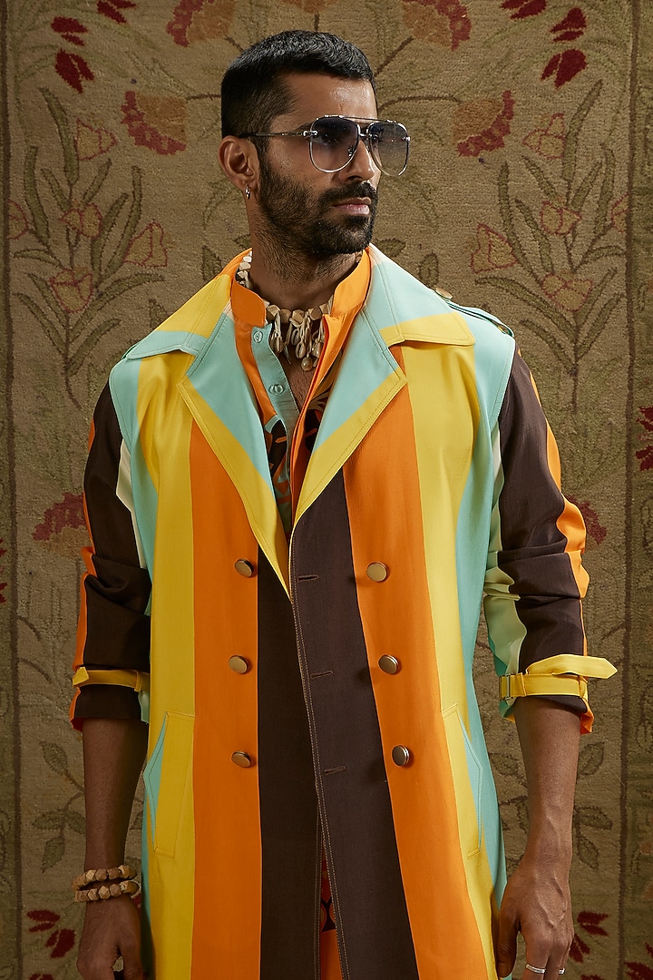 Multi-Colored Crepe Striped Printed Trench Coat by SVA BY SONAM & PARAS MODI Men at Pernia's Pop Up Shop