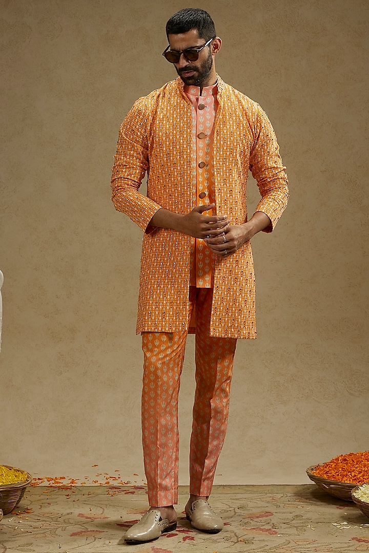 Orange Crepe Embroidered Indo Western Jacket by SVA BY SONAM & PARAS MODI Men at Pernia's Pop Up Shop