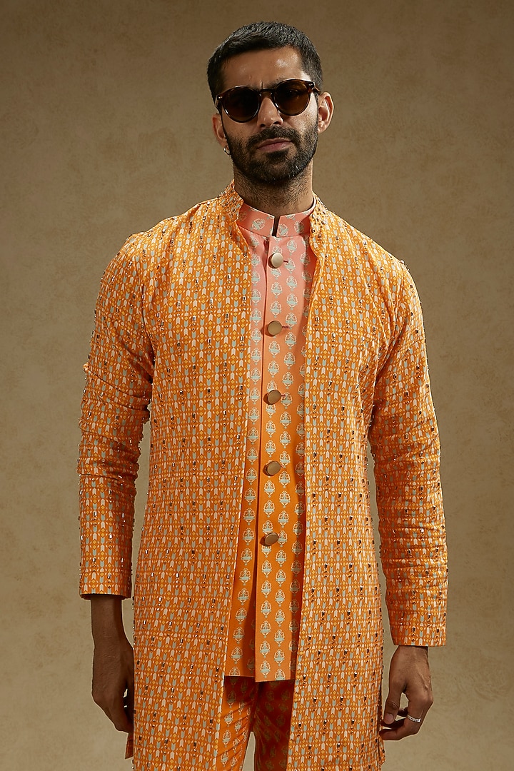 Orange Crepe Embroidered Indo Western Jacket by Sva By Sonam & Paras Modi Men at Pernia's Pop Up Shop
