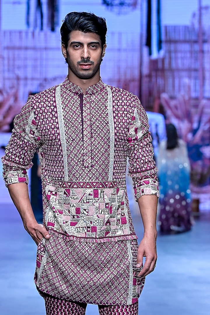 Merlot Silk Patchwork Kurta Set by SVA BY SONAM & PARAS MODI Men at Pernia's Pop Up Shop