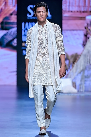 Ivory Organza Thread Embellished Kurta Set by SVA BY SONAM & PARAS MODI Men