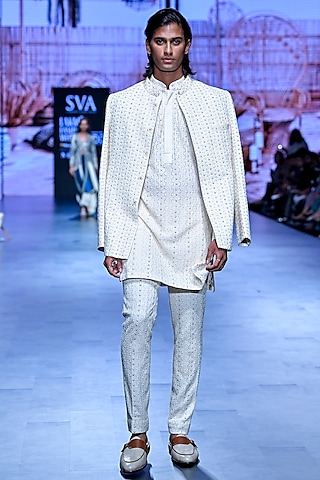 Ivory Lucknowi Bandhgala Set by SVA BY SONAM & PARAS MODI Men