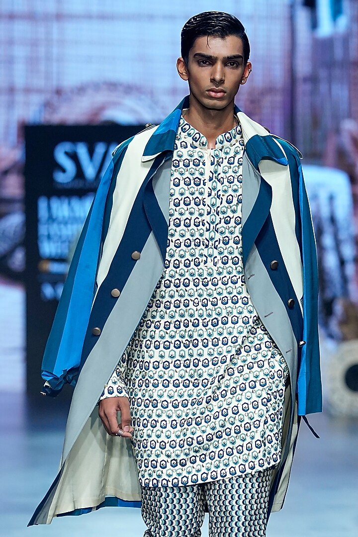 Blue Lucknowi Striped Indo-Western Jacket Set by SVA BY SONAM & PARAS MODI Men at Pernia's Pop Up Shop