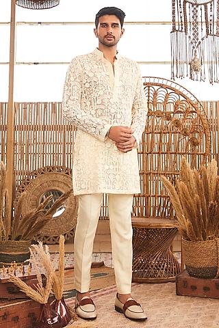Beige Organza & Silk Thread Embroidered Kurta Set by SVA BY SONAM & PARAS MODI Men