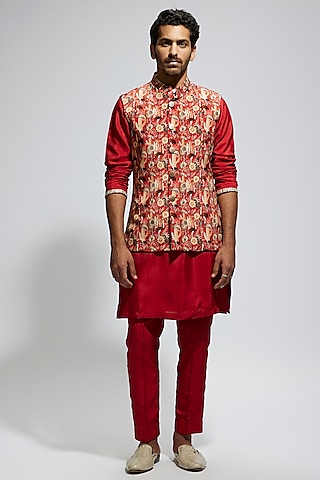 Orange Silk Jaal Printed Bundi Jacket Set by Sva By Sonam & Paras Modi Men
