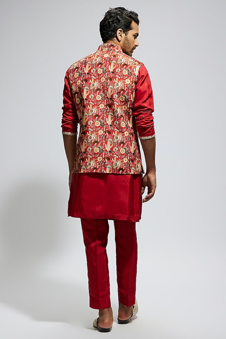 Orange Silk Jaal Printed Bundi Jacket Set by Sva By Sonam & Paras Modi Men at Pernia's Pop Up Shop