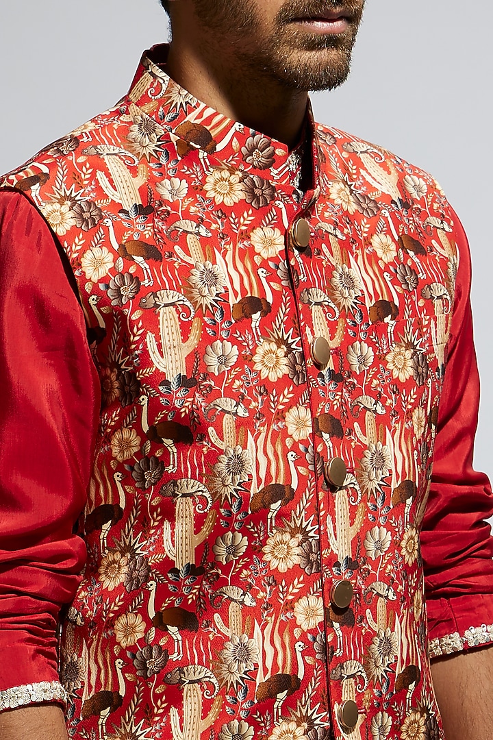 Orange Silk Jaal Printed Bundi Jacket Set by Sva By Sonam & Paras Modi Men at Pernia's Pop Up Shop
