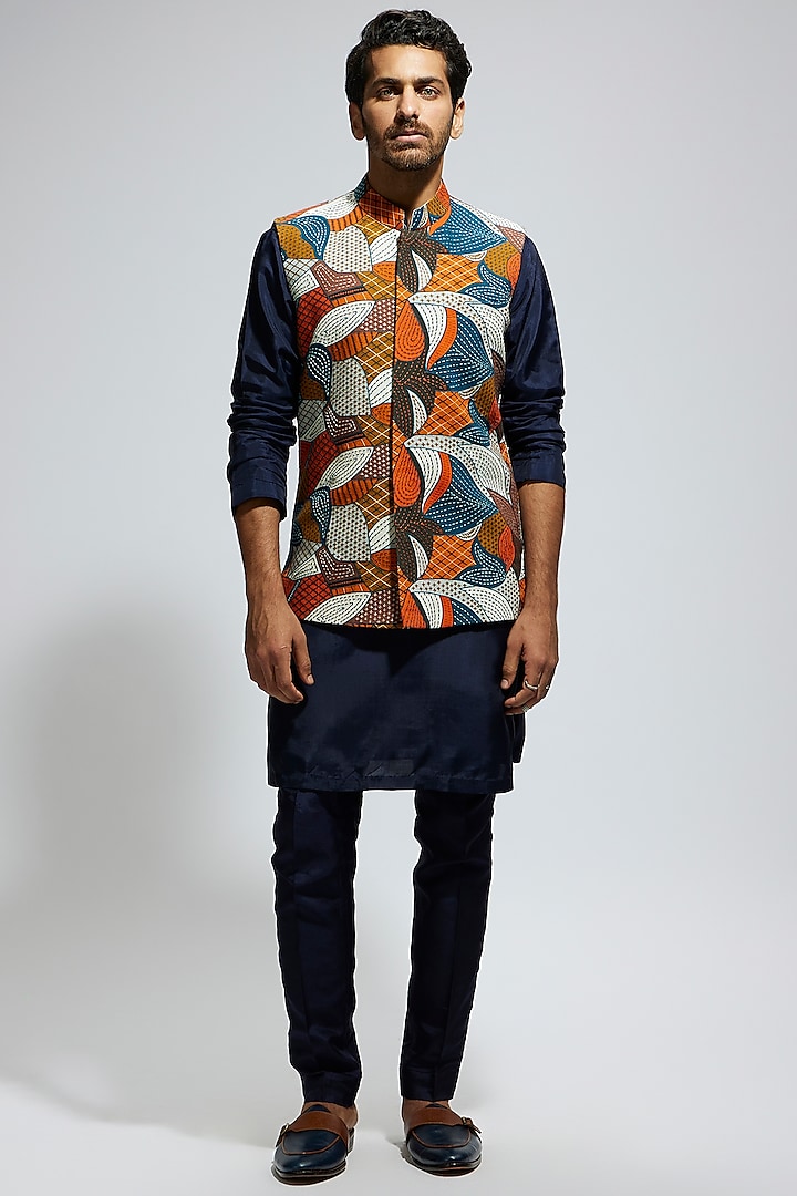 Blue Silk Abstract Printed Bundi Jacket Set by Sva By Sonam & Paras Modi Men at Pernia's Pop Up Shop