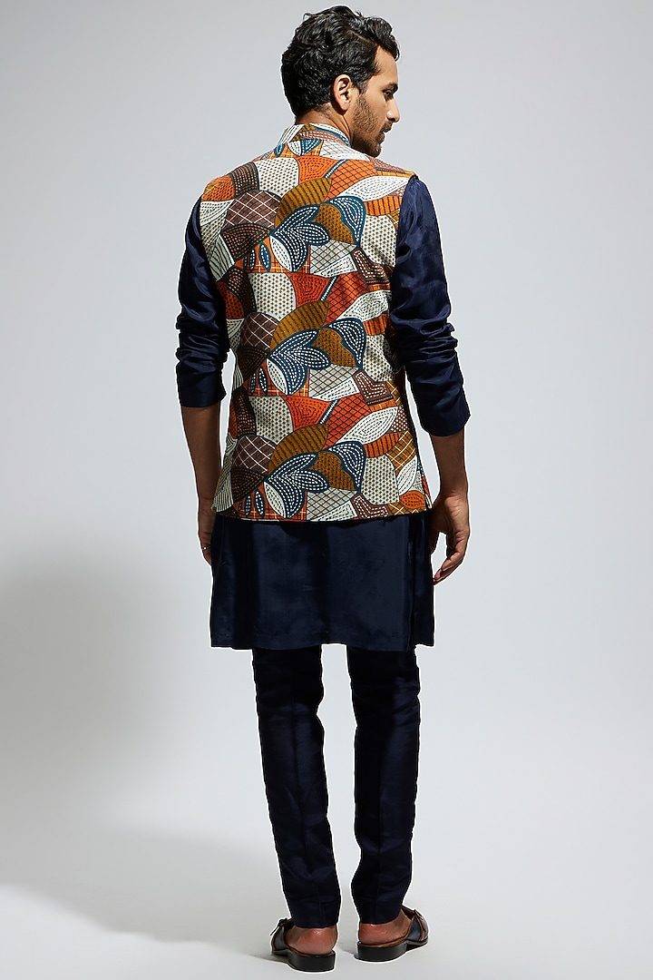 Blue Silk Abstract Printed Bundi Jacket Set by Sva By Sonam & Paras Modi Men at Pernia's Pop Up Shop