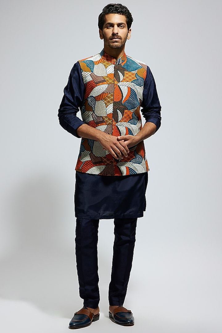 Blue Silk Abstract Printed Bundi Jacket Set by Sva By Sonam & Paras Modi Men at Pernia's Pop Up Shop