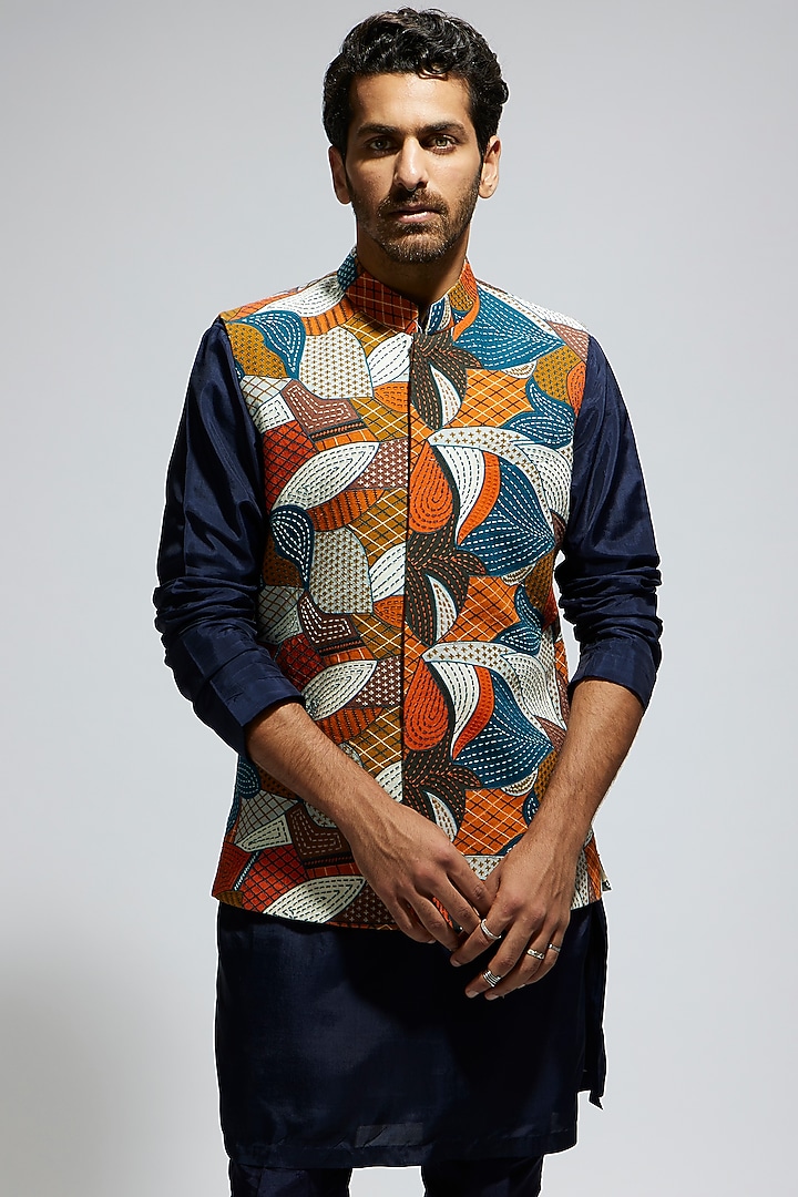Blue Silk Abstract Printed Bundi Jacket Set by Sva By Sonam & Paras Modi Men at Pernia's Pop Up Shop