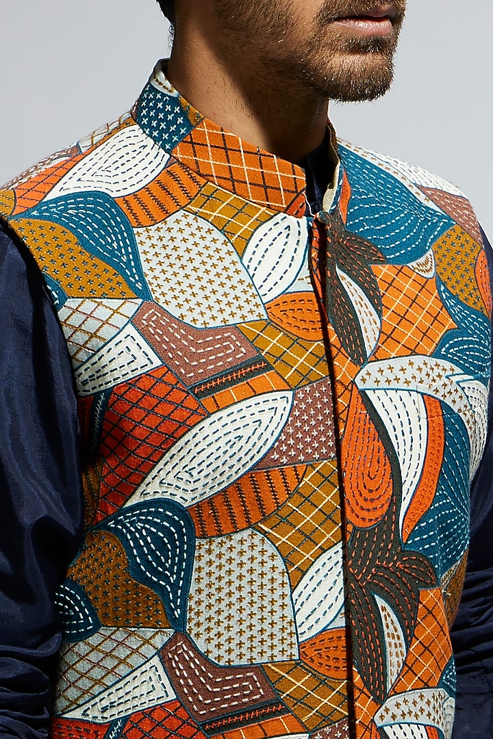 Blue Silk Abstract Printed Bundi Jacket Set by Sva By Sonam & Paras Modi Men at Pernia's Pop Up Shop