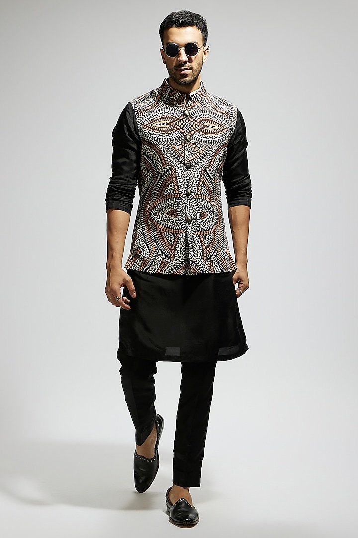 Brown Silk Printed Bundi Jacket Set by Sva By Sonam & Paras Modi Men at Pernia's Pop Up Shop