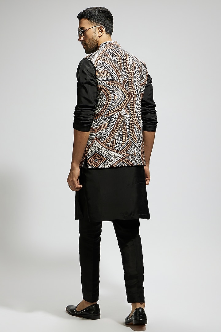 Brown Silk Printed Bundi Jacket Set by Sva By Sonam & Paras Modi Men at Pernia's Pop Up Shop