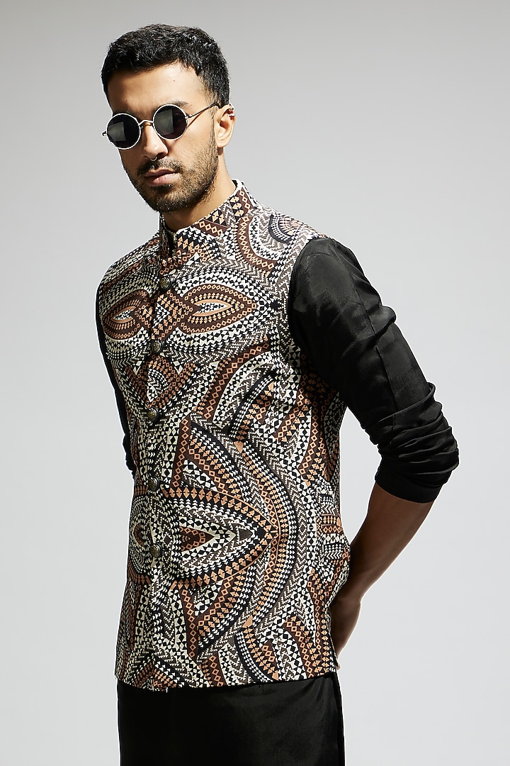Brown Silk Printed Bundi Jacket Set by Sva By Sonam & Paras Modi Men at Pernia's Pop Up Shop
