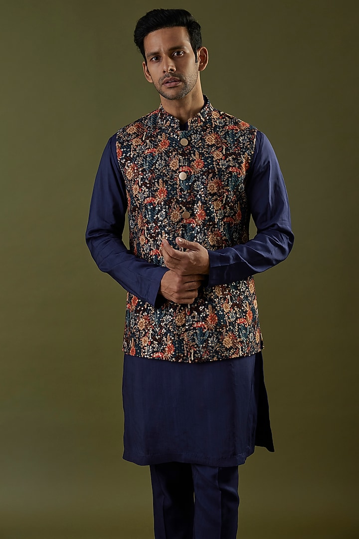 Navy Blue Sequins Embellished Bundi Jacket Set by SVA BY SONAM & PARAS MODI Men at Pernia's Pop Up Shop