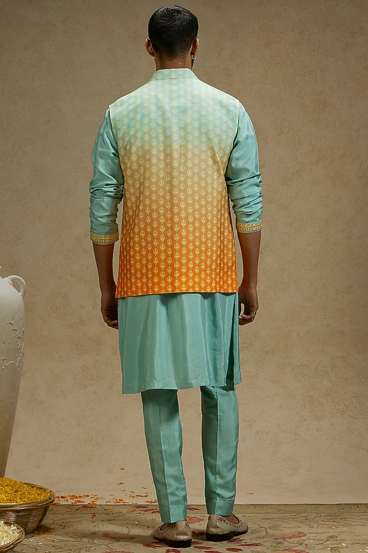 Orange & Blue Ombre Crepe Boota Printed Bundi Jacket Set by SVA BY SONAM & PARAS MODI Men at Pernia's Pop Up Shop