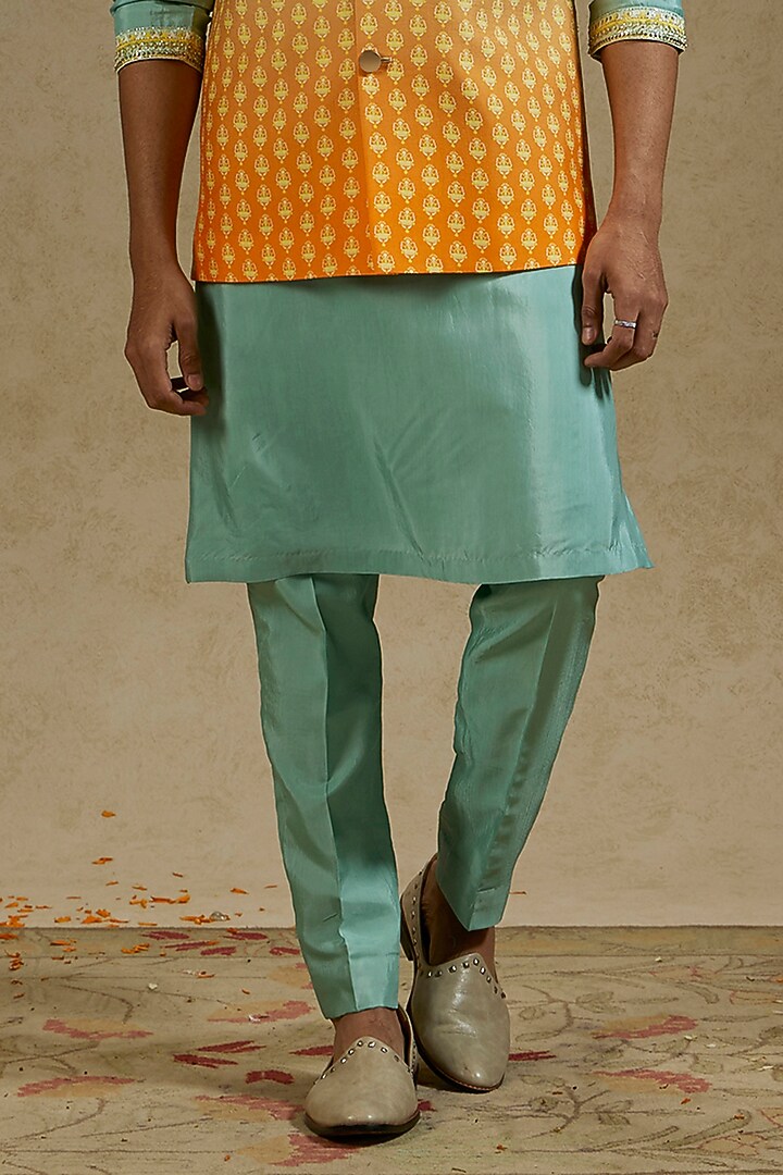 Orange & Blue Ombre Crepe Boota Printed Bundi Jacket Set by SVA BY SONAM & PARAS MODI Men at Pernia's Pop Up Shop
