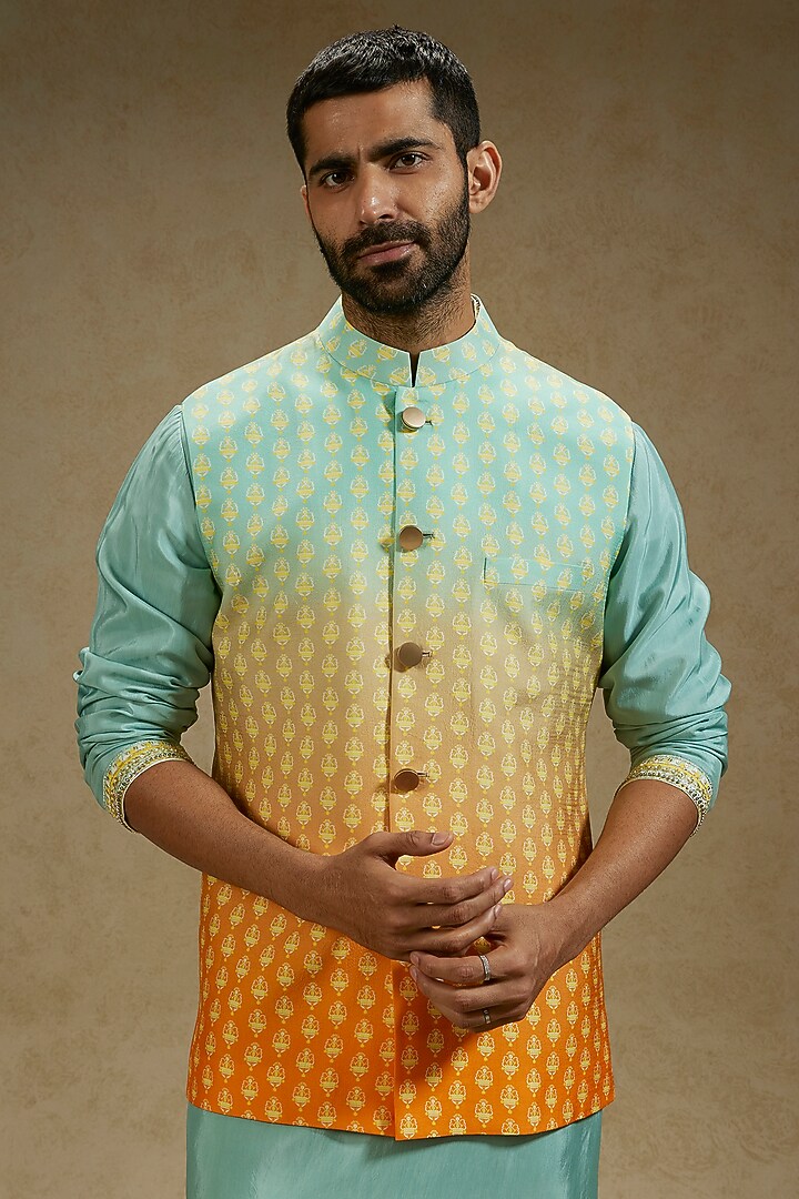 Orange & Blue Ombre Crepe Boota Printed Bundi Jacket Set by SVA BY SONAM & PARAS MODI Men at Pernia's Pop Up Shop