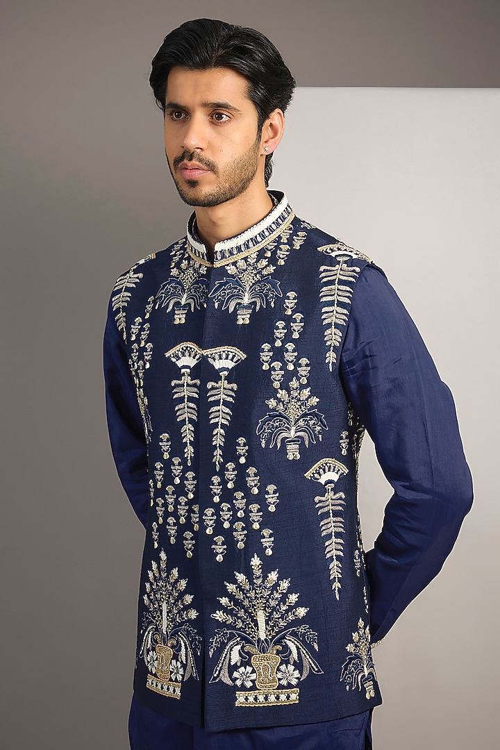 Navy Blue Silk & Organza Embellished Bundi Jacket by SVA BY SONAM & PARAS MODI Men at Pernia's Pop Up Shop