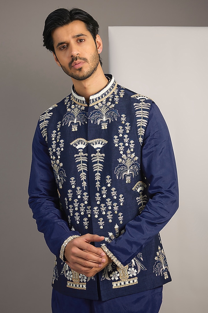 Navy Blue Silk & Organza Embellished Bundi Jacket by SVA BY SONAM & PARAS MODI Men at Pernia's Pop Up Shop