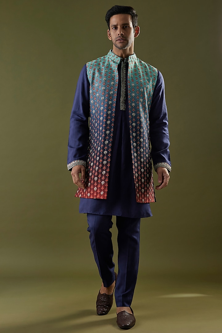 Navy Blue & Red Habutai Silk Embroidered Indowestern Set by SVA BY SONAM & PARAS MODI Men at Pernia's Pop Up Shop