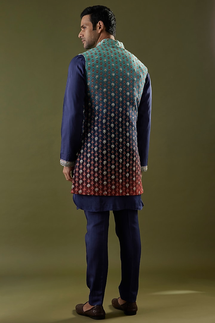 Navy Blue & Red Habutai Silk Embroidered Wedding Indowestern Set by SVA BY SONAM & PARAS MODI Men at Pernia's Pop Up Shop