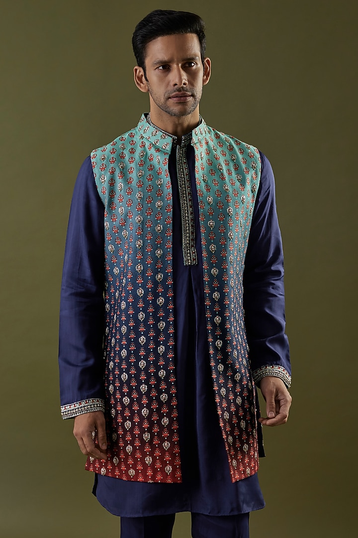Navy Blue & Red Habutai Silk Embroidered Wedding Indowestern Set by SVA BY SONAM & PARAS MODI Men at Pernia's Pop Up Shop