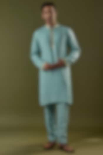 Teal Blue Habutai Silk Embroidered Kurta Set by SVA BY SONAM & PARAS MODI Men at Pernia's Pop Up Shop