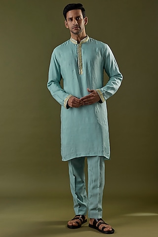 Teal Blue Habutai Silk Embroidered Kurta Set by SVA BY SONAM & PARAS MODI Men