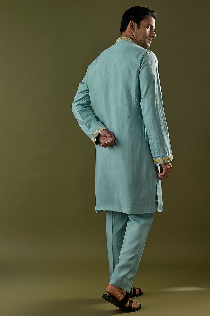 Teal Blue Habutai Silk Embroidered Kurta Set by SVA BY SONAM & PARAS MODI Men at Pernia's Pop Up Shop